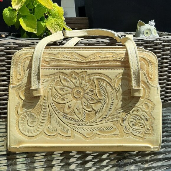 VINTAGE Hand Tooled Mexican Leather Purse Handbag Tan Floral 11" x 8" x 5" - Picture 16 of 16
